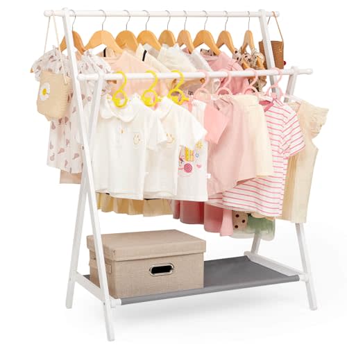 Cozivolife Kids Clothing Rack with 2 Hanging Rods and 4 Hooks, Kid Dress Up Holder with Bottom Storage Shelf, Child Garment Stand, Small and Foldable, Bamboo (White)