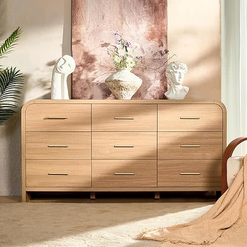 Curved 9-Drawer Dresser for Bedroom, 63" Wide Modern Chest of Drawers, Vanity Desk TV Stand for Living Room, Closet Storage Drawers Coffee Table Bedside Table End Table, Oak