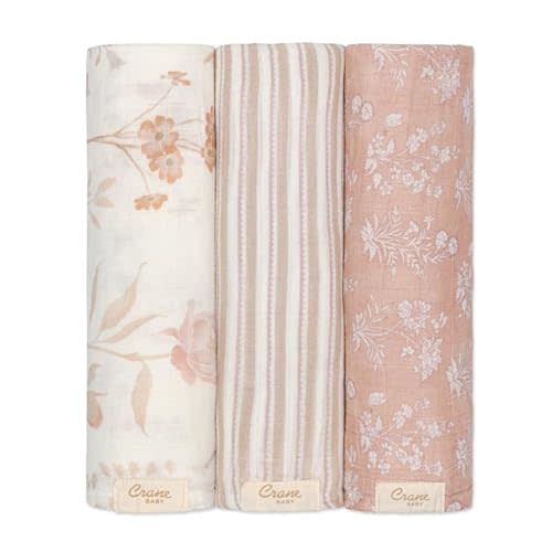 Crane Baby Wildflower 100% Cotton Muslin Swaddle Blankets, Set of 3, Baby Girl Swaddle Blanket, Lightweight Newborn Swaddles, Receiving Blankets for Girls, Baby Girl Blanket, Pink Nursery Decor | Baby Girl Blanket, Lightweight Newborn Swaddles, Receivi...