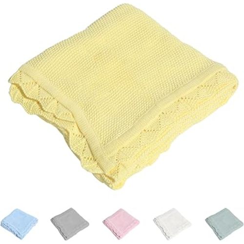 100% Cotton Baby Blanket Knit Soft Warm Lace Toddler Newborn Nursery Blanket, 30 x 40 Inches, Lemon Yellow