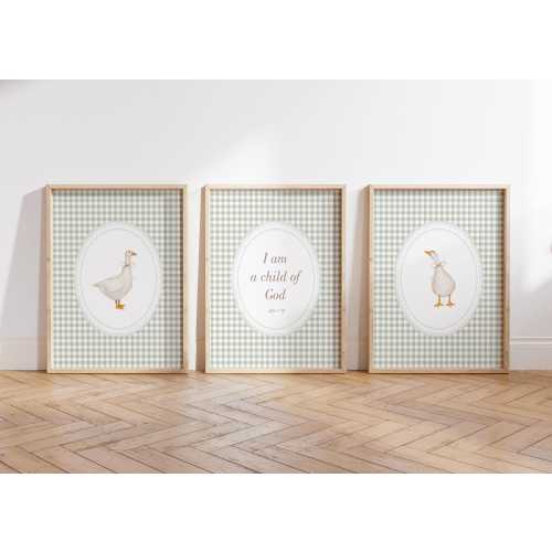 Goose Sage Green Nursery Wall Art Set, Christian Neutral Gingham Nursery Print, Duck Nursery Decor, Gender Neutral Nursery, Kids Room Print