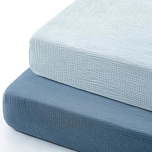 GRSSDER Soft Muslin Crib Sheet 2 Pack, 100% Cotton Crib Sheets for Boys and Girls, Fit Standard Crib Mattresses 52" x 28" Safe and Snug, Dark Blue/Blue