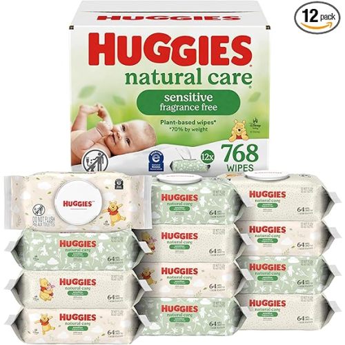 Huggies Natural Care Sensitive Baby Wipes, Unscented, Hypoallergenic, 99% Purified Water, 12 Flip-Top Packs (768 Wipes Total), Packaging May Vary