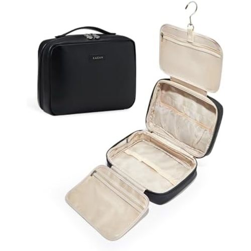 EACHY Travel Toiletry Bag with Hanging Hook, Portable Makeup Cosmetic Bags for Women, Water-Resistant Full-Size Travel Accessories (Black)