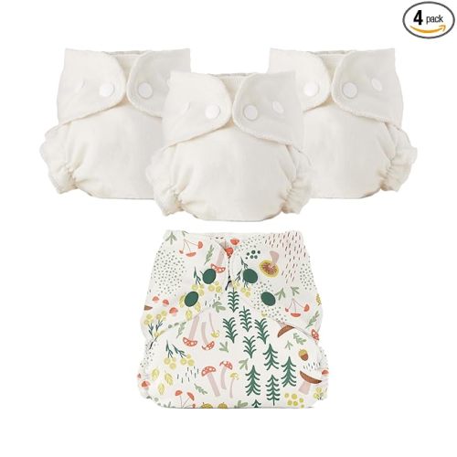 Esembly Cloth Diaper Bundle Set - 3 Organic Cotton Absorbent Inners and 1 Waterproof Outer Diaper Cover - Reusable, Washable, Snap Closure Cloth Diapers - Size 1 (7-17lbs), Fantastic Fungi