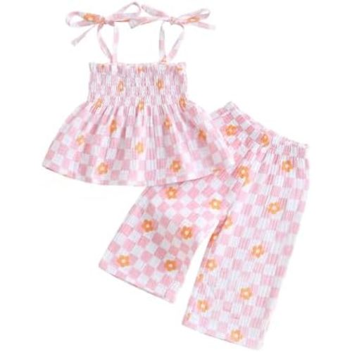 VISGOGO Toddler Baby Girl Outfits Sleeveless Smocked Strap Camisole Linen Pants Bow Baby Summer Clothes