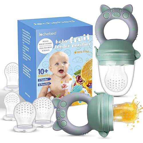 Baby Fruit Food Feeder Pacifier, Green & Gray, 2-Pack | Fresh Teething Pacifiers, 6 Pcs Silicone Pouches, For 3-24 Months, Piggy Handle