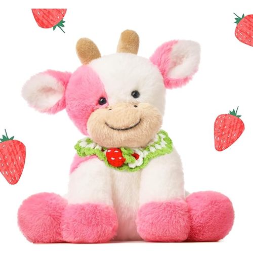 Hopearl Adorable Plush Cow Toy with Knitted Cute Strawberry Bib Floppy Dairy Cattle Soft Stuffed Animal Kawaii Gift for Boys Girls Kids Toddlers, Pink, 9''