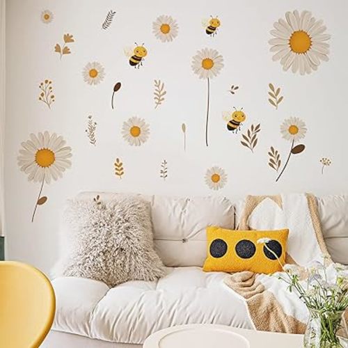 Daisy and Bee Wall Decals,Floral Bee Kids Room Decor,Flower Vinyl Decals,Removable Daisy Art Stickers，for Girls Bedroom Nursery Living Room Office Floral Wall Decor