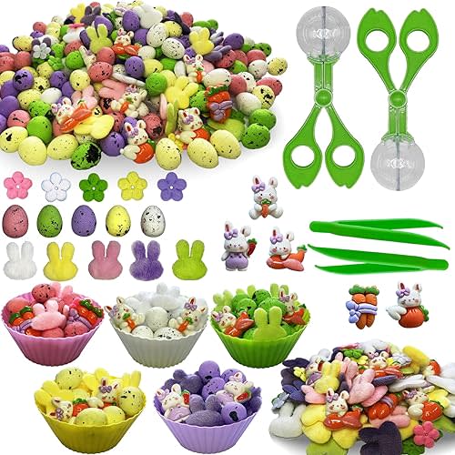 226pcs Easter Sensory Bin Filler Fine Motor Toys Spring Sensory Bin Items 100 Easter Foam Eggs 50 Felt Easter Flowers 50 Felt Bunny 10 Resin Rabbit Figurines for Easter Counting Sorting