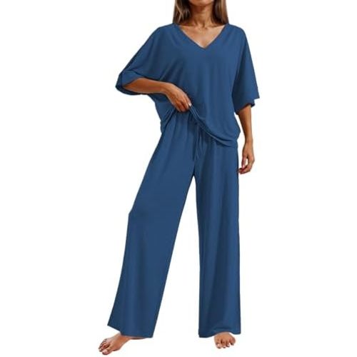 Ekouaer Pajama Sets for Women 2 Piece Lounge Set Short Sleeve Tops and Long Pants Soft Comfy Pjs Sleepwear Outfits S-XXL