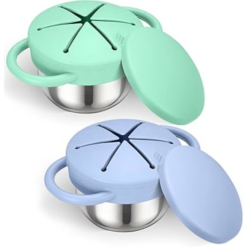 Palksky Toddler Snack Cups Stainless Steel for Kids, 2Pack 3-in-1 Snackle Containers with Spill-Proof Silicone Lids,Handles, Metal Baby Snack Box No-Spill for On-The-Go, Travel - Green and Blue