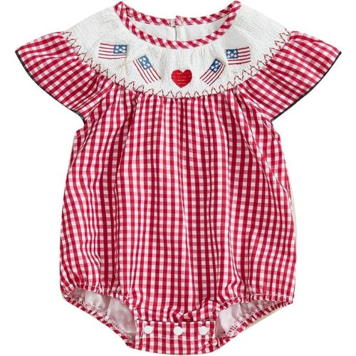 MoZiKQin Baby Girl 4th of July Outfit Embroidered American Flag Plaid Bubble Romper Smocked Bodysuit Cute Summer Clothes