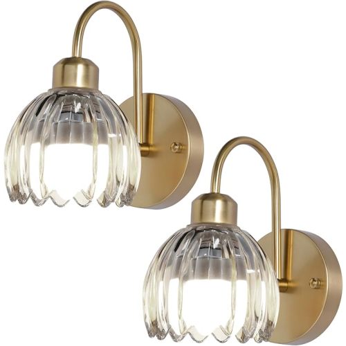 Wireless Wall Sconce Sets of 2, Tulip Glass Shades Rechargeable Battery Operated Wall Sconce, Retro Flower Gold Wall Lights Bathroom Vanity Sconces, Wall Mounted Lamps for Bedroom Living Room