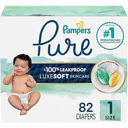 Pampers Pure Baby Diapers, Size 1 (8-14 lbs), 82, Up to 100% Leakproof, Premium Hypoallergenic Soft Diapers