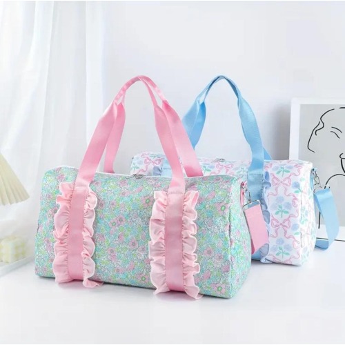 Girls Monogram Ruffle Duffle Overnight Weekender Gym Bag Personalize Custom Kid Pink blue bow floral embroider ballet dance sports butterfly