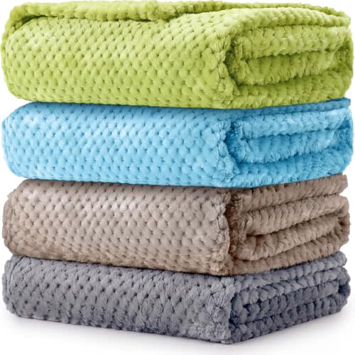 Reginary 4Pcs 30x40 Baby Blanket Fuzzy,Light Blue, Green, Beige, Dark Gray | Waffle Flannel Baby Throw Blankets, Warm Nursery & Crib Blankets, Girl & Boy Newborn Infant