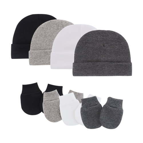 Tisoloow Baby Hats with Scratch Mittens Set Unisex Newborn Hospital Hats for Baby Boys Girls Cute Infant Beanie Caps Black&White&Light Grey&Dark Grey One Size