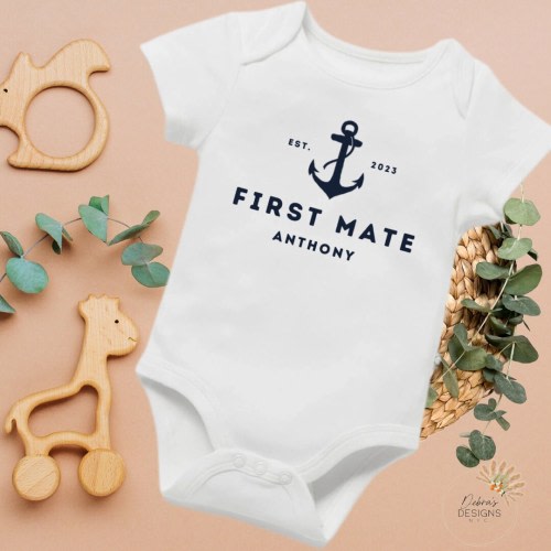 First mate boat baby onesie bodysuit for new baby customized with name