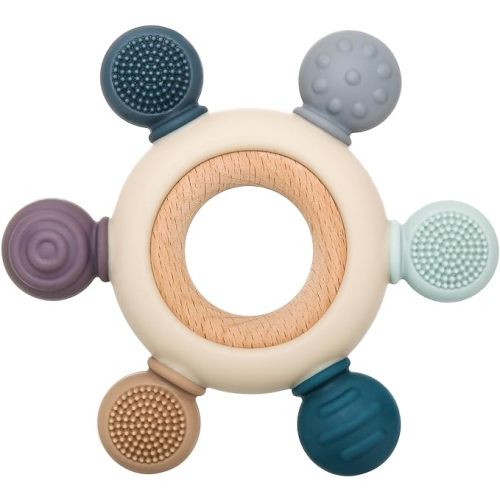 Baby Teething Toys for 3 Months+, Silicone Teethers BPA Free Silicone Rudder with Wooden Ring Soothe Babies Gums (Grey)