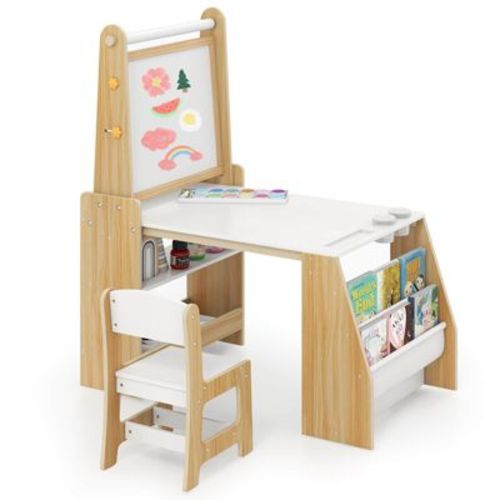 Costway Kids Art Table and Chair Set with Easel & Chair Whiteboard & Chalkboard Paper Roll