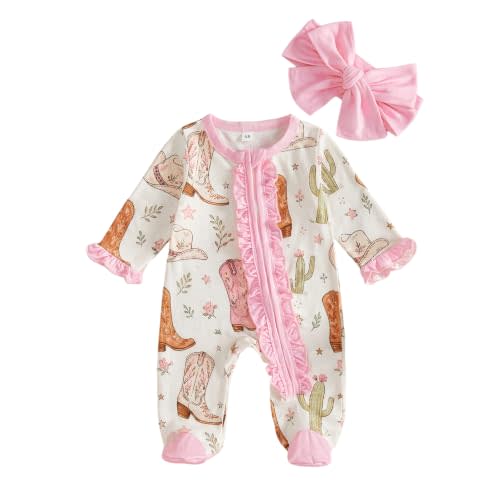 Newborn Baby Girl Western Clothes Highland Cow Zipper Footed Romper 0-12M | Baby Cowgirl Outfit,Highland Cow Baby Stuff,Cow Onesie,Footed Romper,Zipper Jumpsuit,Coming Home,Infant Fall Winter Clothes