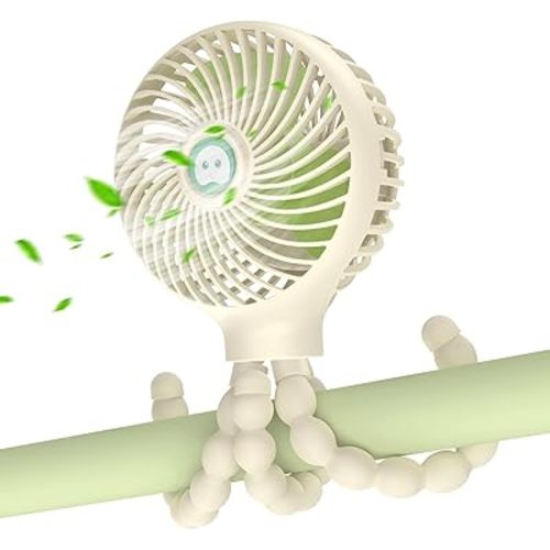 Portable Pram Fan, Baby Stroller Fan, [USB or 4000mAh Battery Powered] Handheld Fan for Kids, Mini Fan with Flexible Tripod, 3 Speed Pram Fans for Bike Traveling (Beige White)