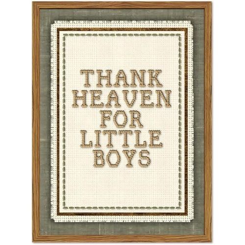 Framed Thank Heaven for Little Boys Wall Art, Baby Boy Nursery Wall Decor, Vintage Green Striped Inspirational Quote Paintings Canvas Prints Pictures for Toddler Kids Bedroom 16x24 inch