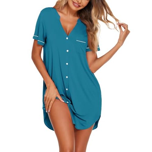 Ekouaer Nightgowns for Women Button Down Night Gowns Short Sleeve Sleep Shirt V Neck Nightshirt Soft Sleepwear Pajams Dress