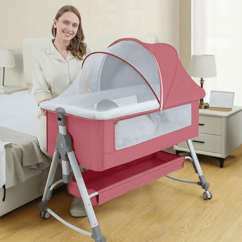 BEJOLO 5-in-1 Baby Bassinet, Adjustable Height Infant Bedside Crib with Diaper Table, 0-24 Months, Pink