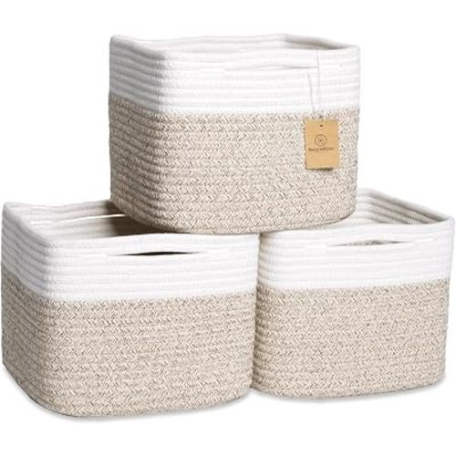 Storage Cubes 9”x9”x7”Cotton Rope Woven Baskets for Organizing 3-Pack | 9 Inch Cube Storage Bin | Small Basket for Shelf Nursery, Pantry, Decorative Plant, Bathroom Closet, Toy Gift