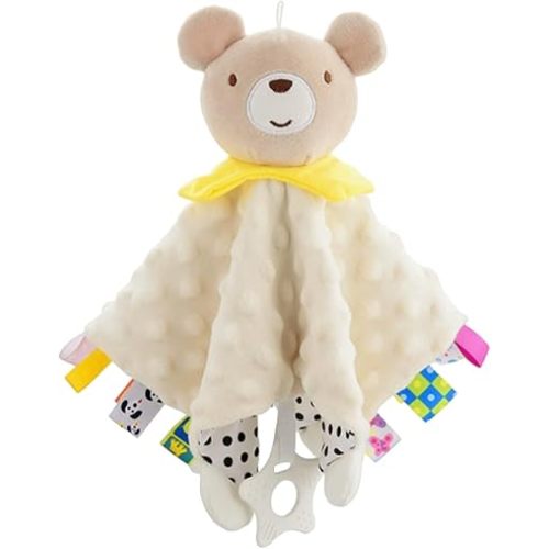 Bear Baby Blanket with Tags Teether Animal Taggie Soft Security Blankets for Boys and Girls Baby Stuff for Newborn Toys Snuggle Baby Lovey Gitft for Baby Shower Beige