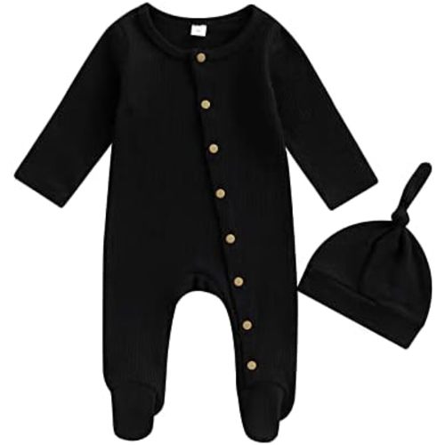 Newborn Infant Baby Boy Girl Fall Winter Clothes Long Sleeve Button Waffle Knit Footed Romper Hat 2Pcs Outfit