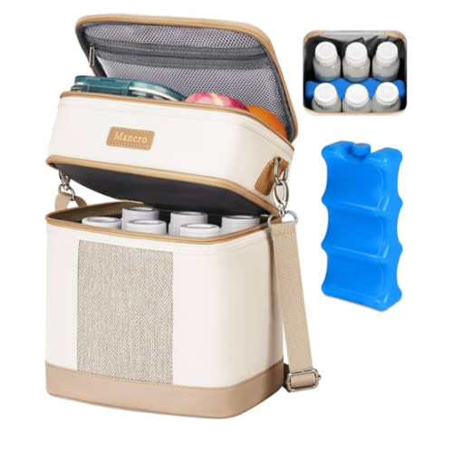 Mancro Breastmilk Cooler Bag with Ice Pack, Double Layer Insulated Baby Bottles Bag Fits 6 Bottles Up to 9 Ounces, Portable Breast Pump Cooler Travel Bag for Daycare and Nursing Moms, Beige