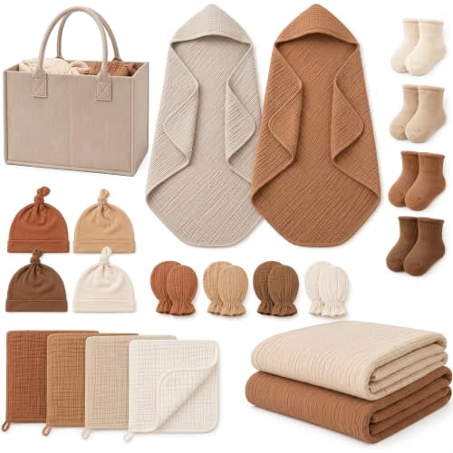 Ramede 21 Pcs Newborn Gift Basket Baby Must have Muslin Towels Swaddle Blanket Baby Bib Mitten Hairband Sock Diaper Caddy