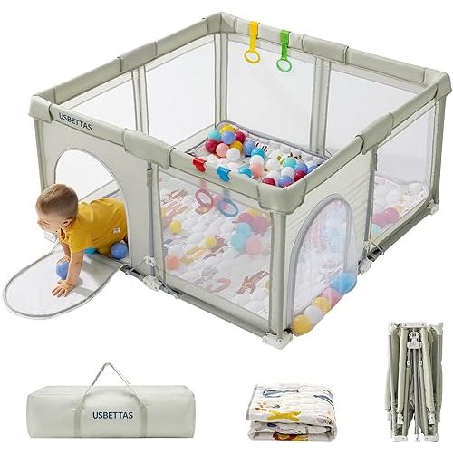 Foldable Baby Playpen with Mat, Foldable Playpen for Babies and Toddlers,Kids Portable Travel Play Pen, Collapsible Play Yard with 4 Handles,Indoor & Outdoor Baby Play Area with Breathable Mesh