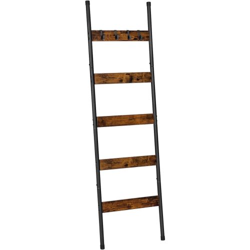 HOOBRO Blanket Ladder, 5-Tier Towel Rack with Hooks, Wall-Leaning Blanket Rack, Decorative Display Ladder Shelf, for Scarves, Industrial, Living Room, Bedroom, Rustic Brown and Black BF52CJ01