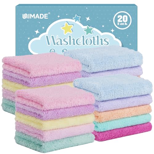 UNIMADE Baby Washcloths, 20 Pack Super Soft Microfiber Coral Fleece Wash Cloths, Extra Absorbent Baby Towels for Newborns, Infants and Toddlers, Gentle on Sensitive Skin for Face and Body - 7" × 9"