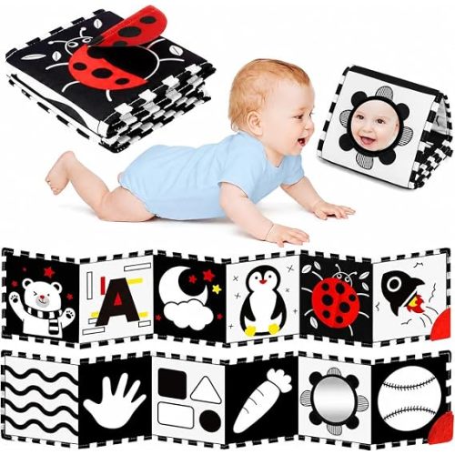 High Contrast Baby Toys for Newborn, Tummy Time Mirror, Black and White Baby Toy for 0-6 Months, Soft Montessori Visual Stimulation Infant Book, Boy Girl Shower Gift