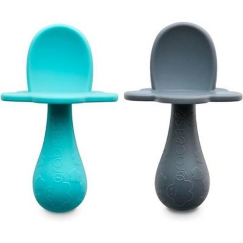 Grabease Baby Silicone Spoon Set for Baby-Led Weaning & First Stage Self-Feeding, Set of 2 (Teal, Gray)