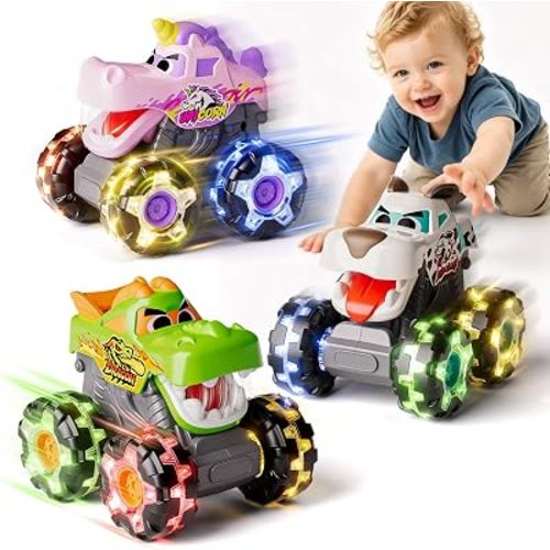 SunnyPal 3 Pack Light Up Monster Truck Toys, Baby Toys for 1 Year Old Boys