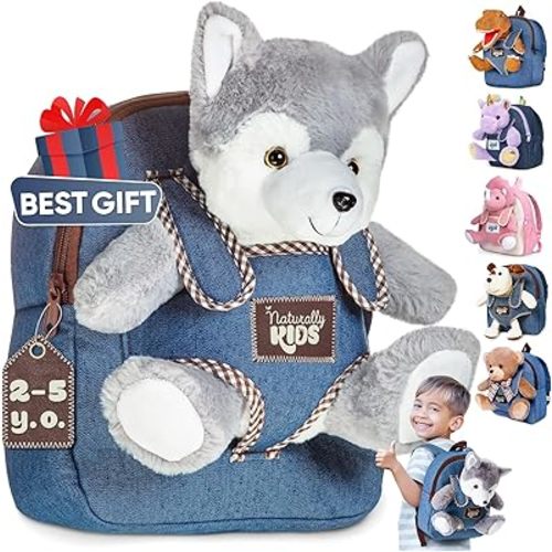 Wolf Backpack, Wolf Toys for Kids 3-5, Toddler Husky Stuffed Animal Gifts for 2 3 4 5 Year Old Girl Boy
