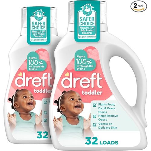 Dreft Toddler Liquid Laundry Detergent, Gentle on Sensitive Skin Laundry Soap, 42 fl oz, 32 Loads, Pack of 2 (Packaging May Vary)