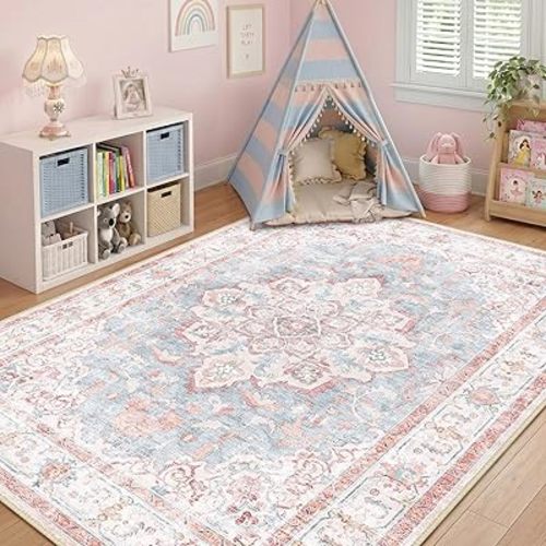 Machine Washable Rugs Nursery Rug 5x7 Cute Girl Non Slip Low Pile Water Repellent Soft Print Pattern for Bedroom Indoor Decor Kids Playroom Pink Blue