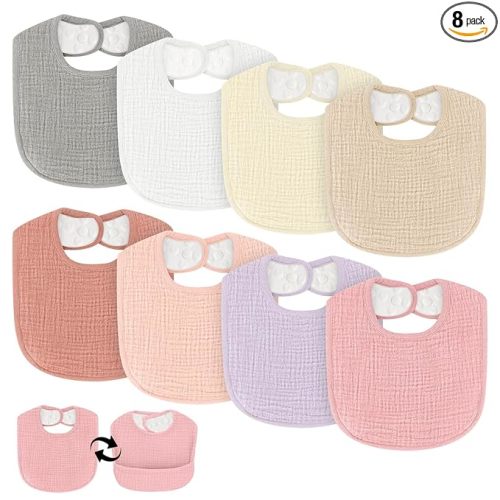 Drool Bibs for Baby Girls & Boys, 8 Pack Baby Muslin Bibs for Drooling and Teething with Hidden Pocket, Soft Cotton, Extra Absorbent, Mess-proof, for Toddler, Newborn, Infant