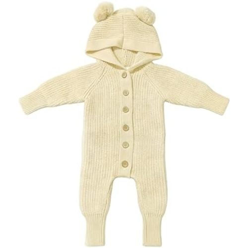 Newborn Baby Knitted 100% Cotton Romper Sweater Jumpsuit with Pom Pom Ears, Long Sleeve Outfit