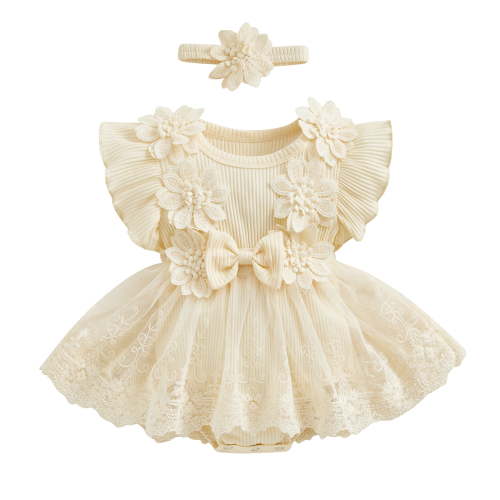 ZINTAOZT Newborn Baby Girl Romper Dress Outfits Flower Mesh Lace Ruffle Jumpsuit Dress Headband Cute Summer Clothes