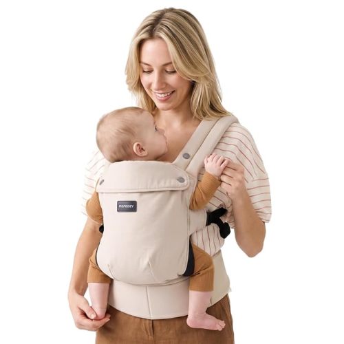 Momcozy PureHug Baby Carrier - Ergonomic, Cozy and Lightweight for 7-45 lbs | Easy to Put On, IHDI Hip-Healthy, 3D EVA Lumbar Support, X-Straps for Even Weight Distribution, 100% Cotton, Khaki