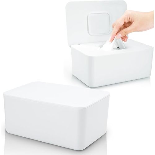 2 Pack Lijroavy Baby Wipes Dispenser, Baby Wipe Holder for Fresh Wipes, Non-Slip Baby Wipes Container, Refillable Wipes Box, Wipes Case with Sealing Design Lid (White and White)