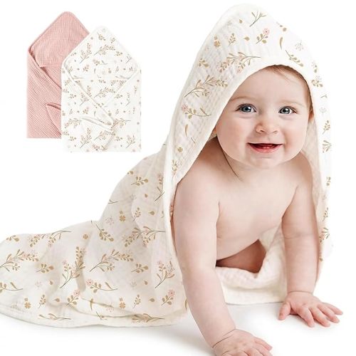 Konssy 2-Pack Muslin Hooded Baby Towels, 100% Cotton, Ultra-Soft & Absorbent Baby Bath Towels with Hood for Newborn & Infant (Pink, Floral,32" x 32")